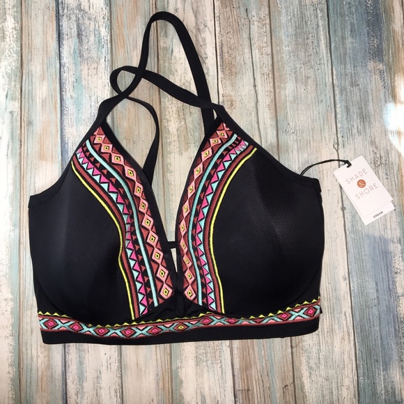 NWT Shade & Shore Black Aztec Embroidered Bikini Top - Picture 2 of 7